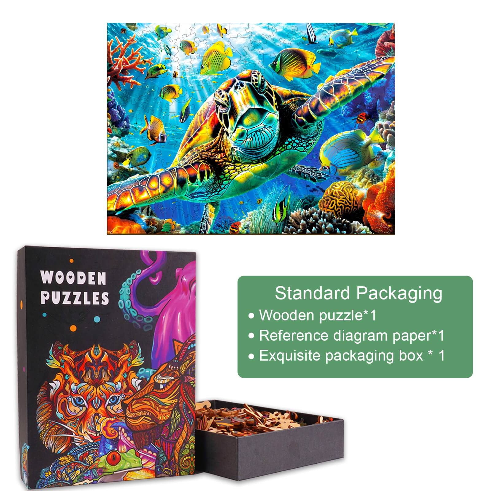Turtle Explorer Wooden Jigsaw Puzzle with vibrant sea life design, standard packaging includes puzzle and reference diagram.