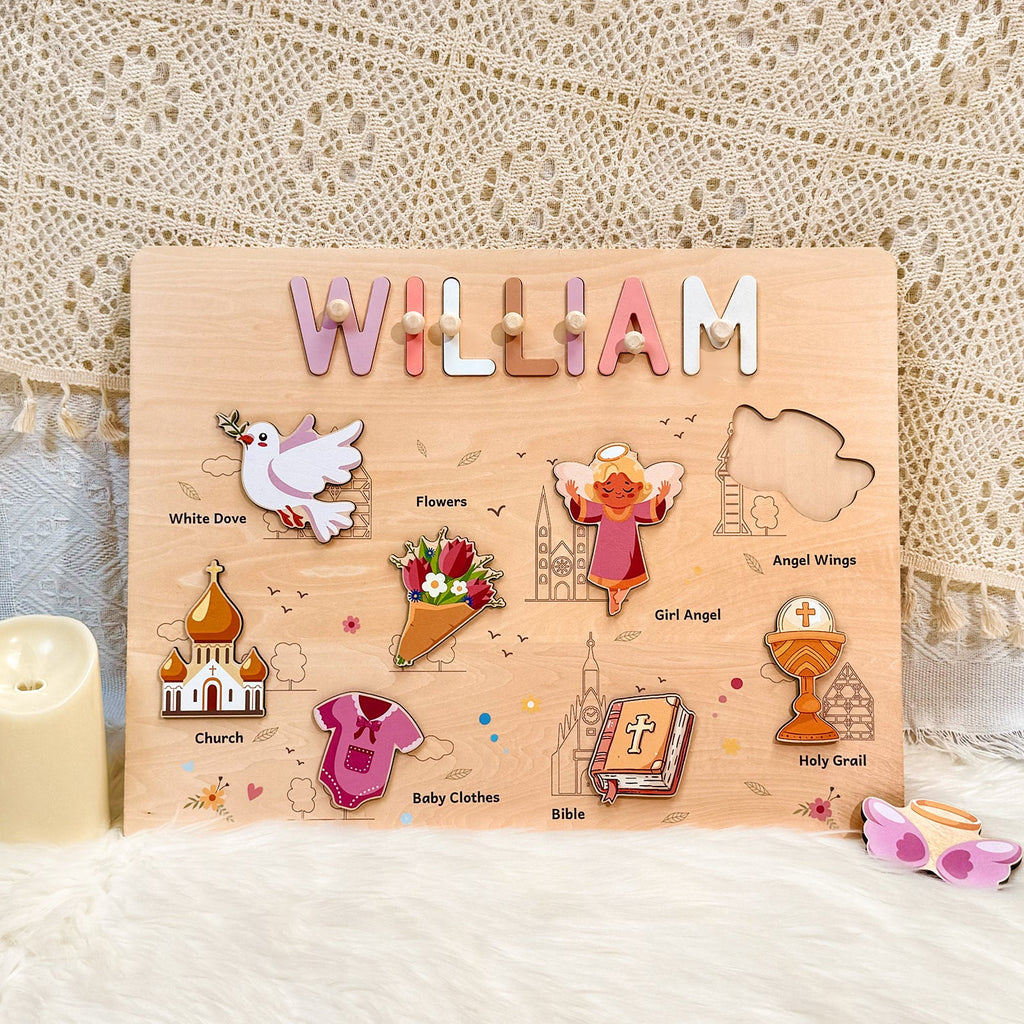 Personalized Wooden Name Puzzle - Baptism Girl Set for Toddlers