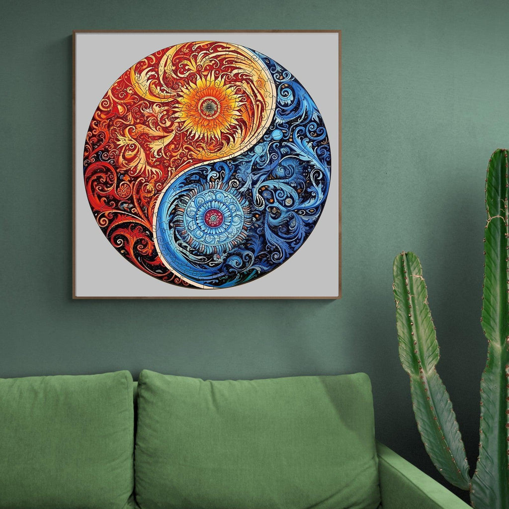 Yellow Blue Yin Yang Wooden Jigsaw Puzzle