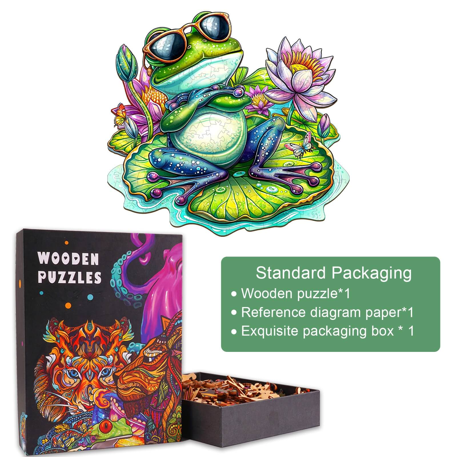 Leisurely Frog-2 Wooden Jigsaw Puzzle with frog in sunglasses and colorful box, ideal for brain training and mindfulness.