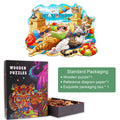 Colorful Beach Cat wooden jigsaw puzzle with cats relaxing near sandcastles and vibrant beach accessories.