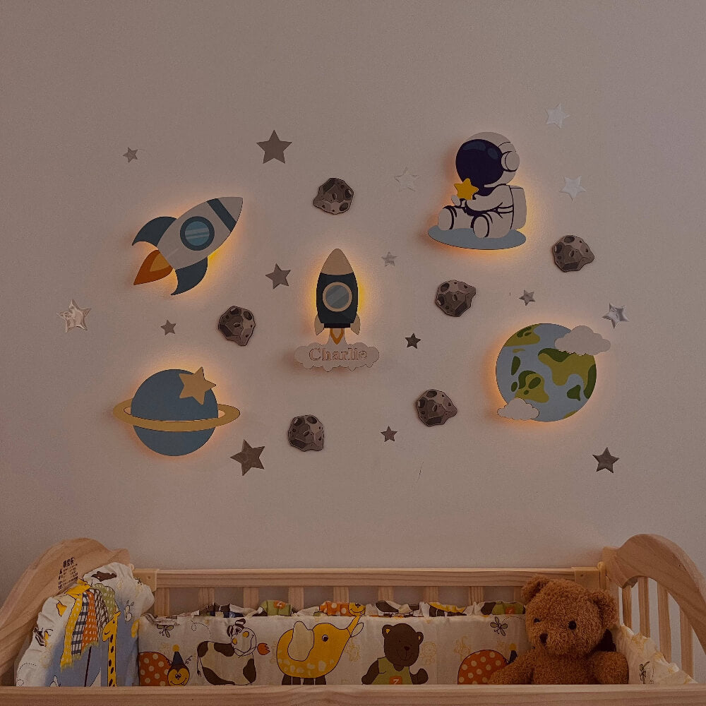 Personalized Wooden Baby's Room Wall Light Set-Space Model