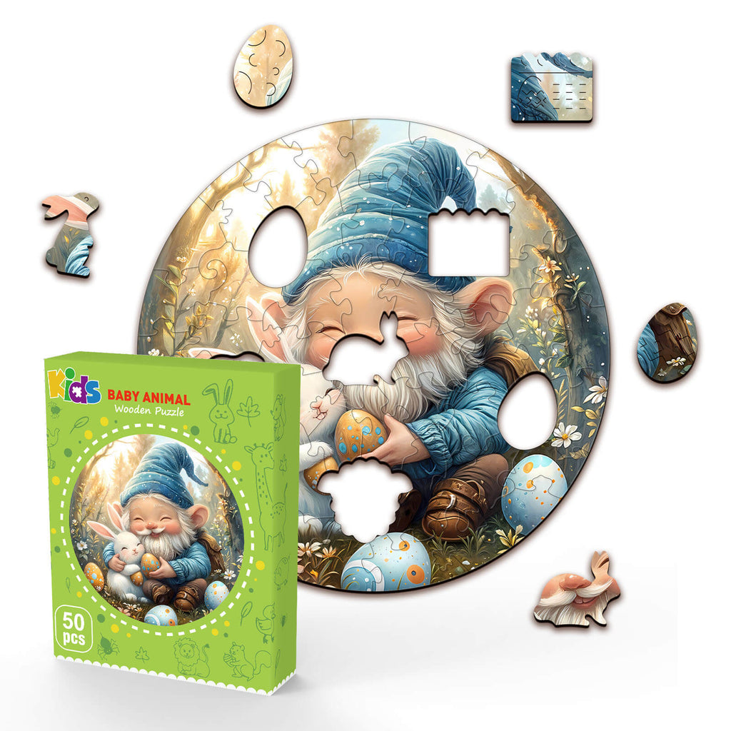 Cute Easter gnome children's wooden jigsaw puzzle with 50 colorful pieces featuring an adorable gnome and baby animals.