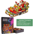 Celebrating Christmas wooden jigsaw puzzle featuring Santa in sleigh with gifts, packaged elegantly for festive joy.