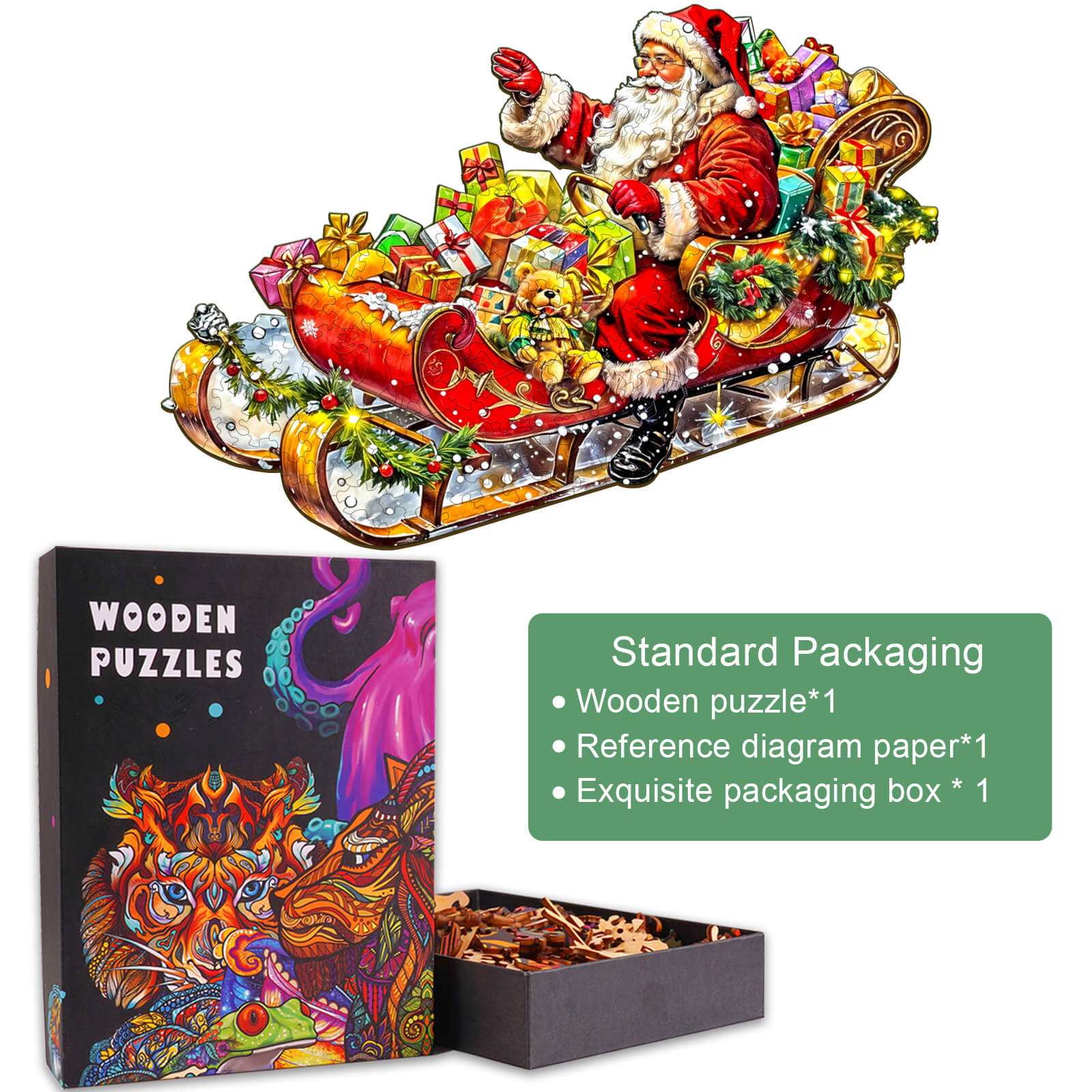 Celebrating Christmas wooden jigsaw puzzle featuring Santa in sleigh with gifts, packaged elegantly for festive joy.