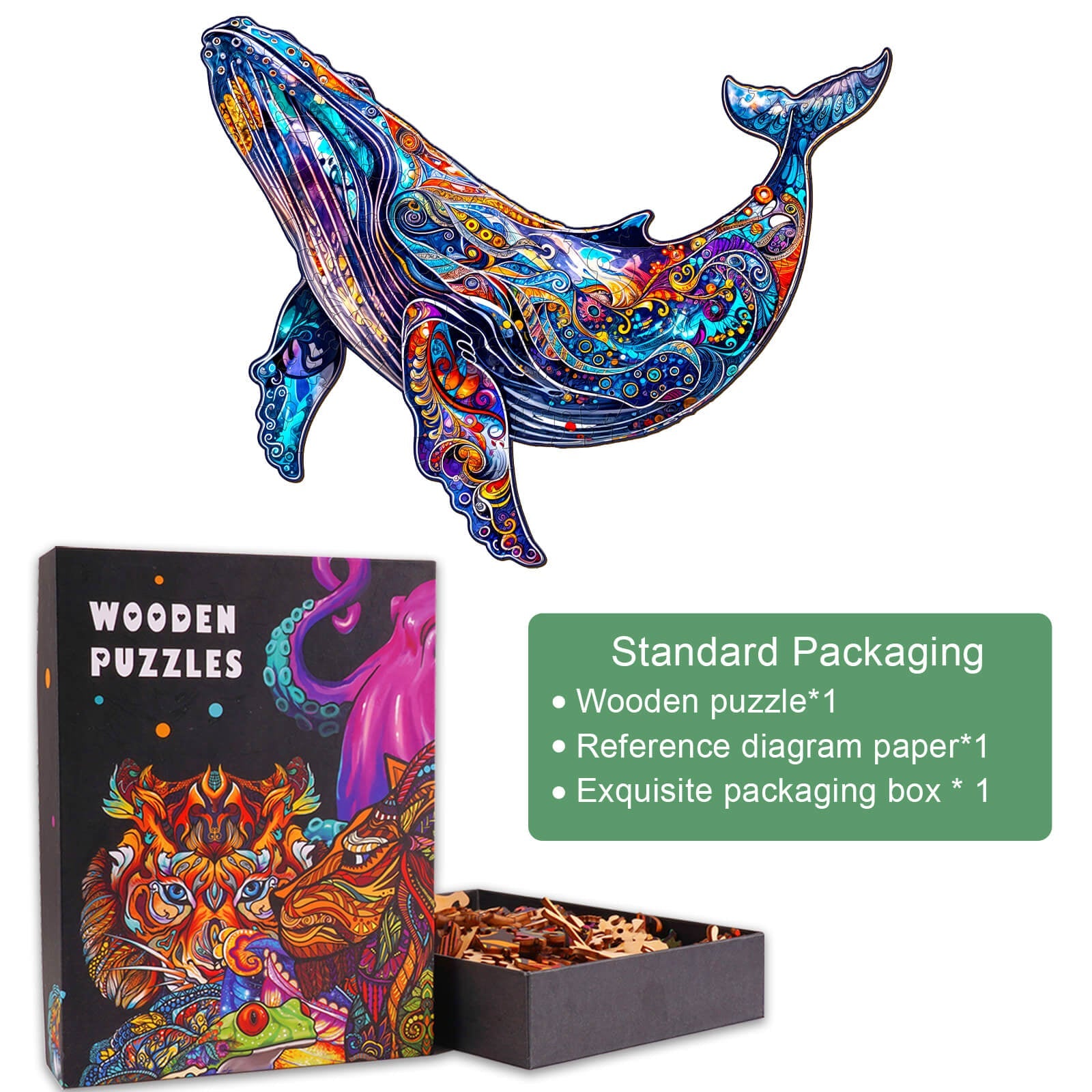 Colorful Blue Whale wooden jigsaw puzzle with exquisite packaging, promoting focus and mental challenge in puzzle-solving.