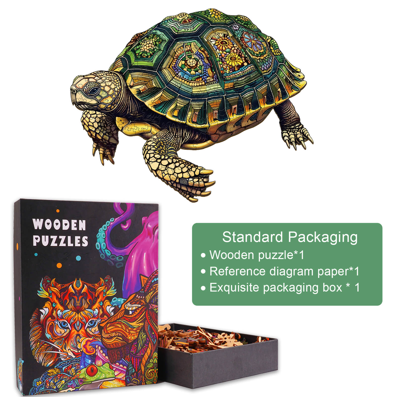 Wise Turtle Wooden Jigsaw Puzzle featuring a detailed turtle design and colorful packaging, great for puzzle enthusiasts.