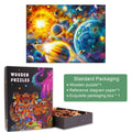 Cosmic Reverie-1 wooden jigsaw puzzle with vibrant space design and packaging details, promoting focus and mind development.