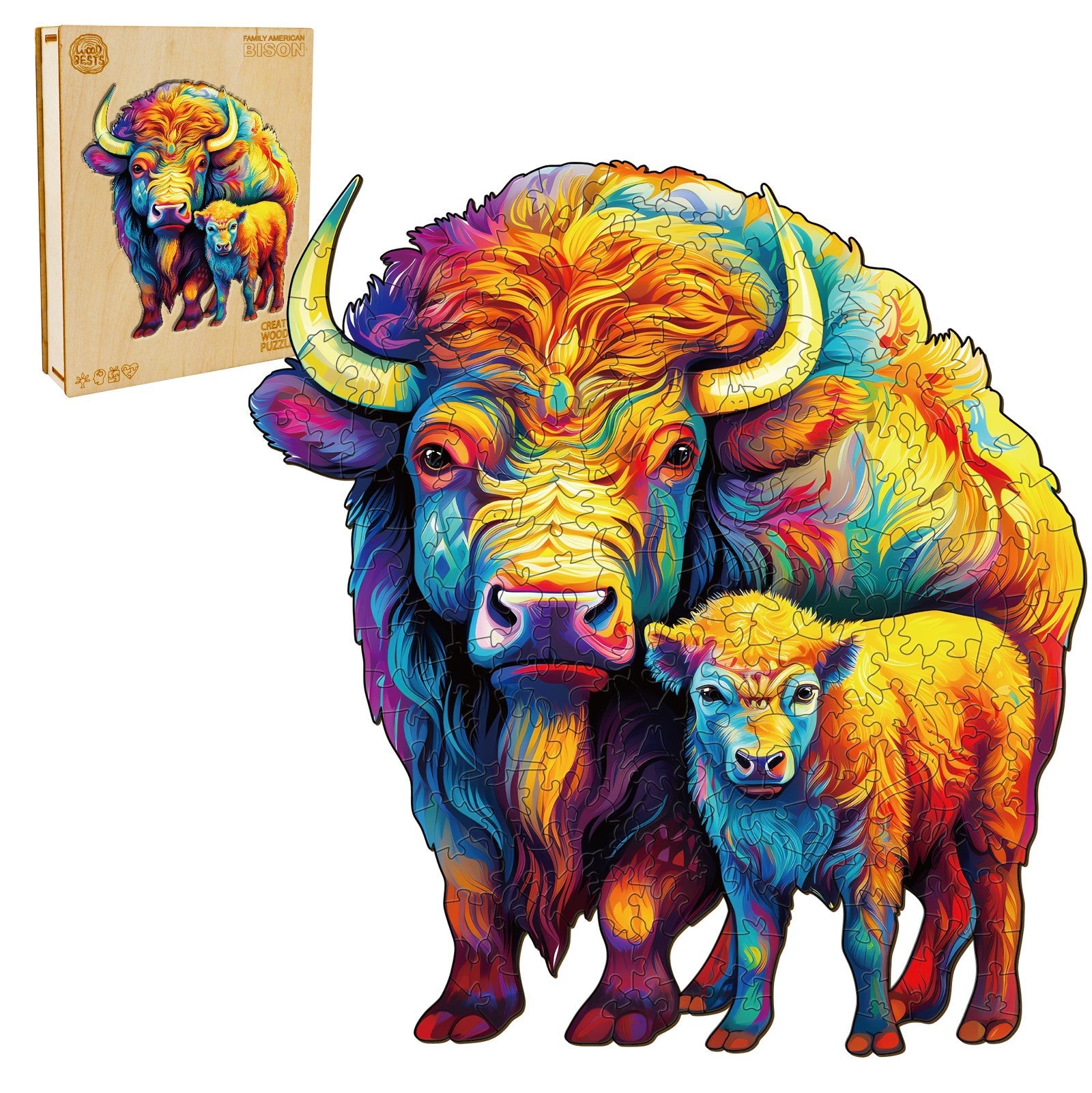 Family American Bison Wooden Jigsaw Puzzle