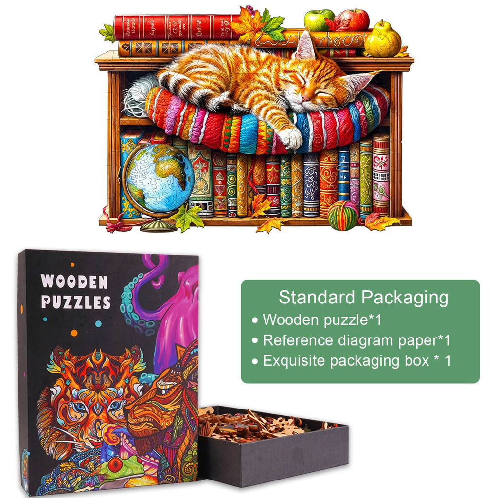 Dreamy Tabby Cat wooden jigsaw puzzle with colorful packaging and pieces, perfect for puzzle enthusiasts and mindful play.
