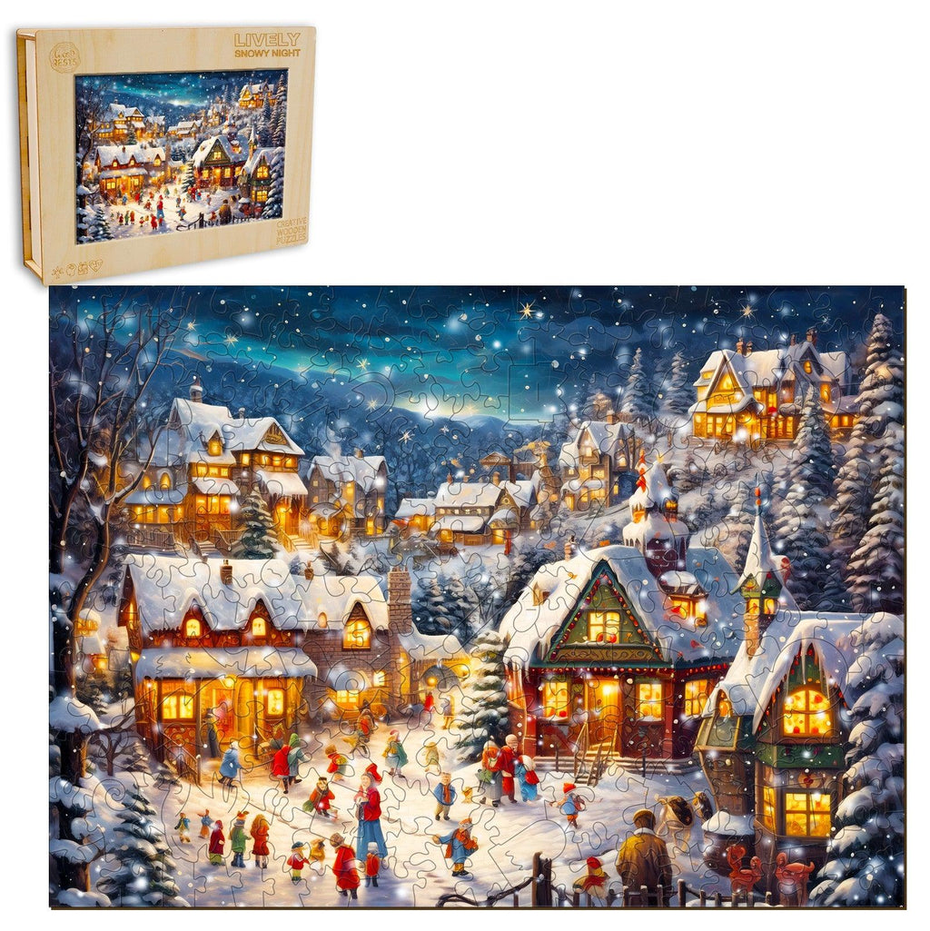 Lively Snowy Night Wooden Jigsaw Puzzle