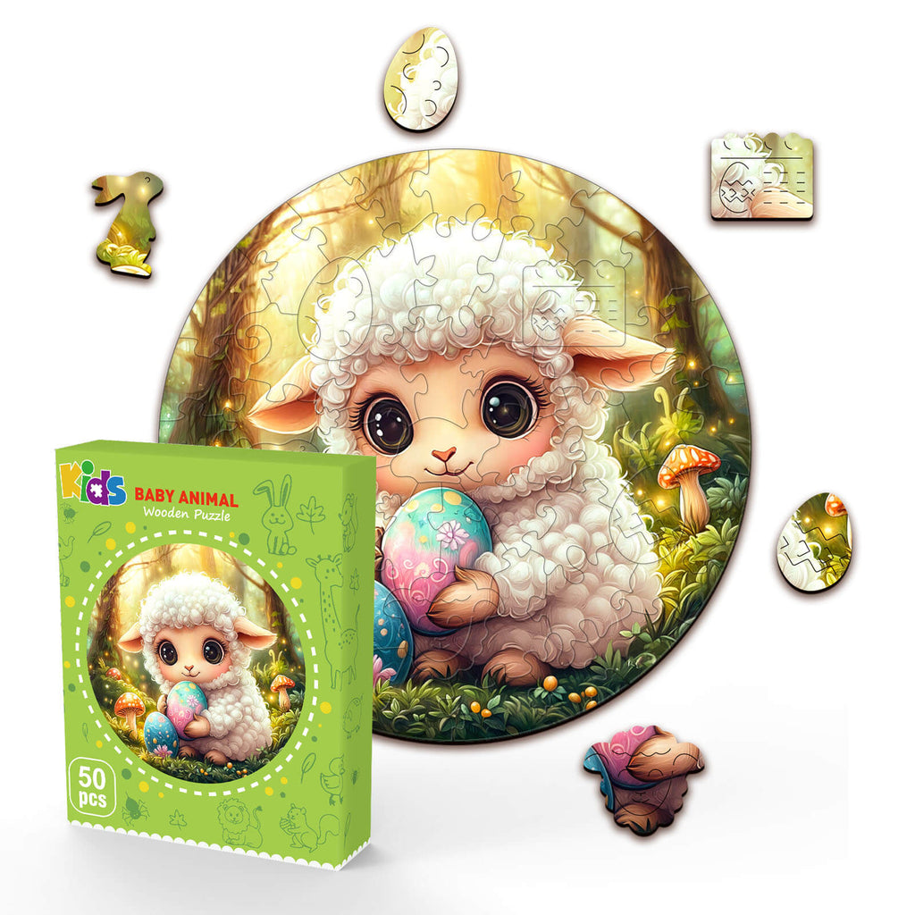 Cute Easter sheep wooden jigsaw puzzle for children, featuring 50 pieces and a colorful design.