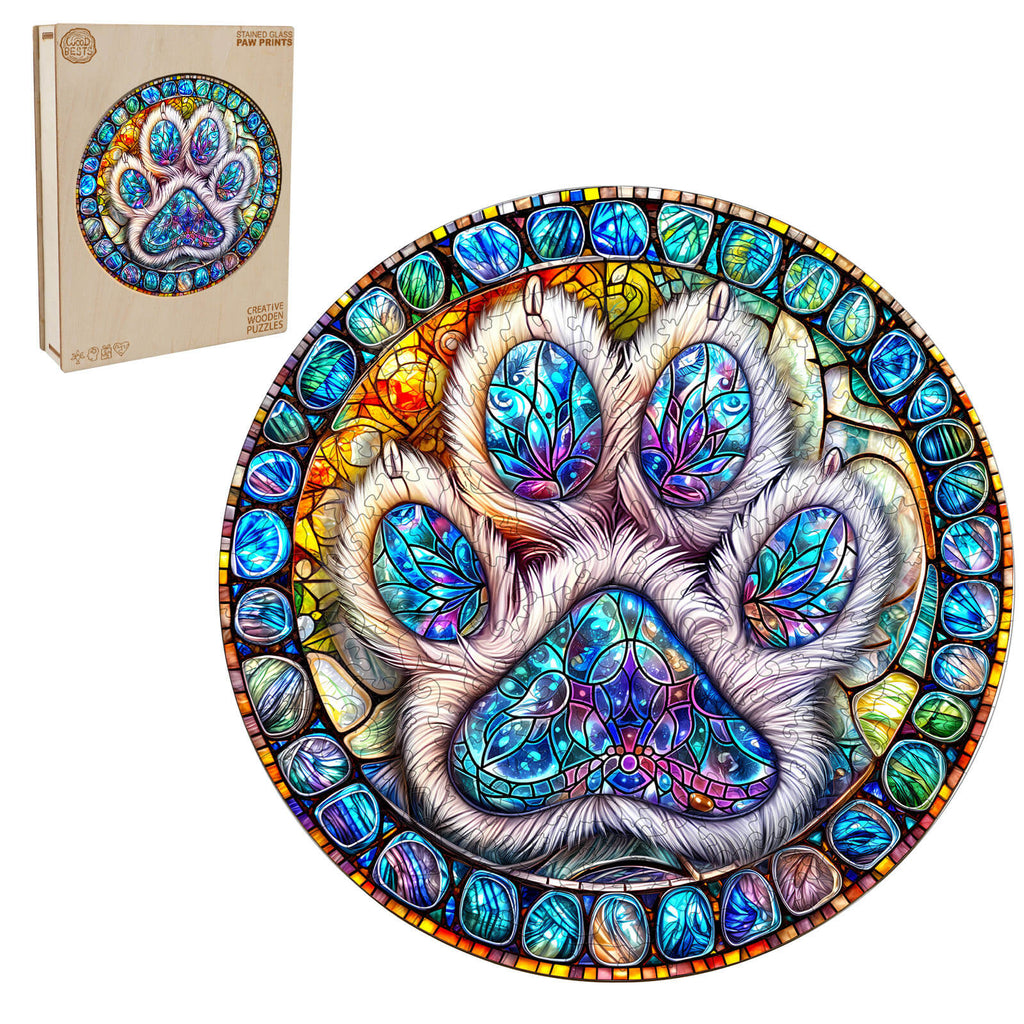 Stained glass paw prints Wooden Jigsaw Puzzle