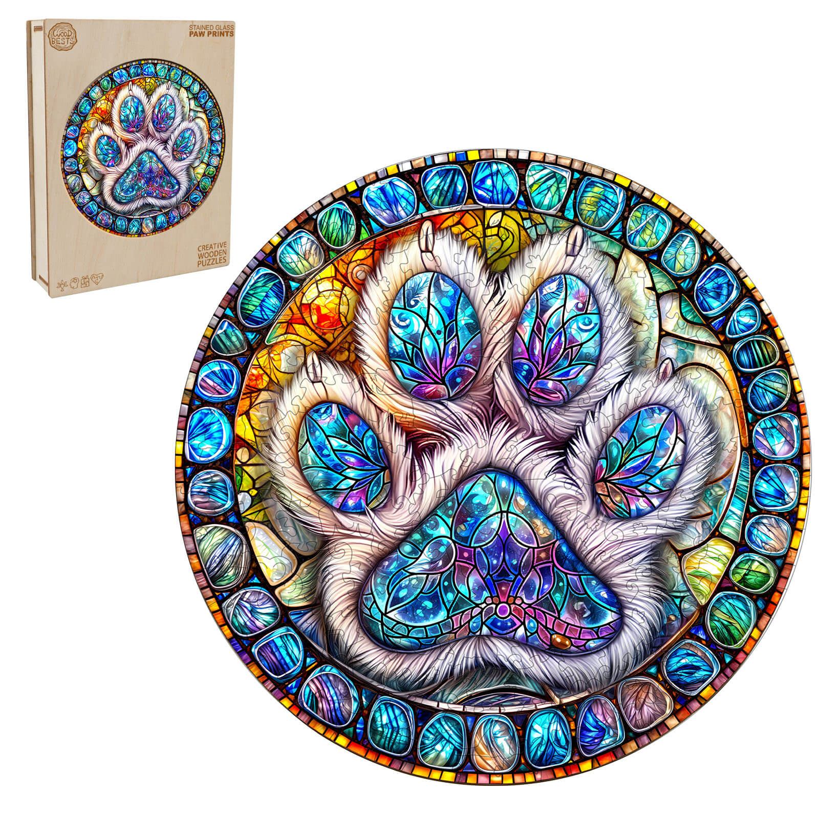 Stained glass paw prints Wooden Jigsaw Puzzle
