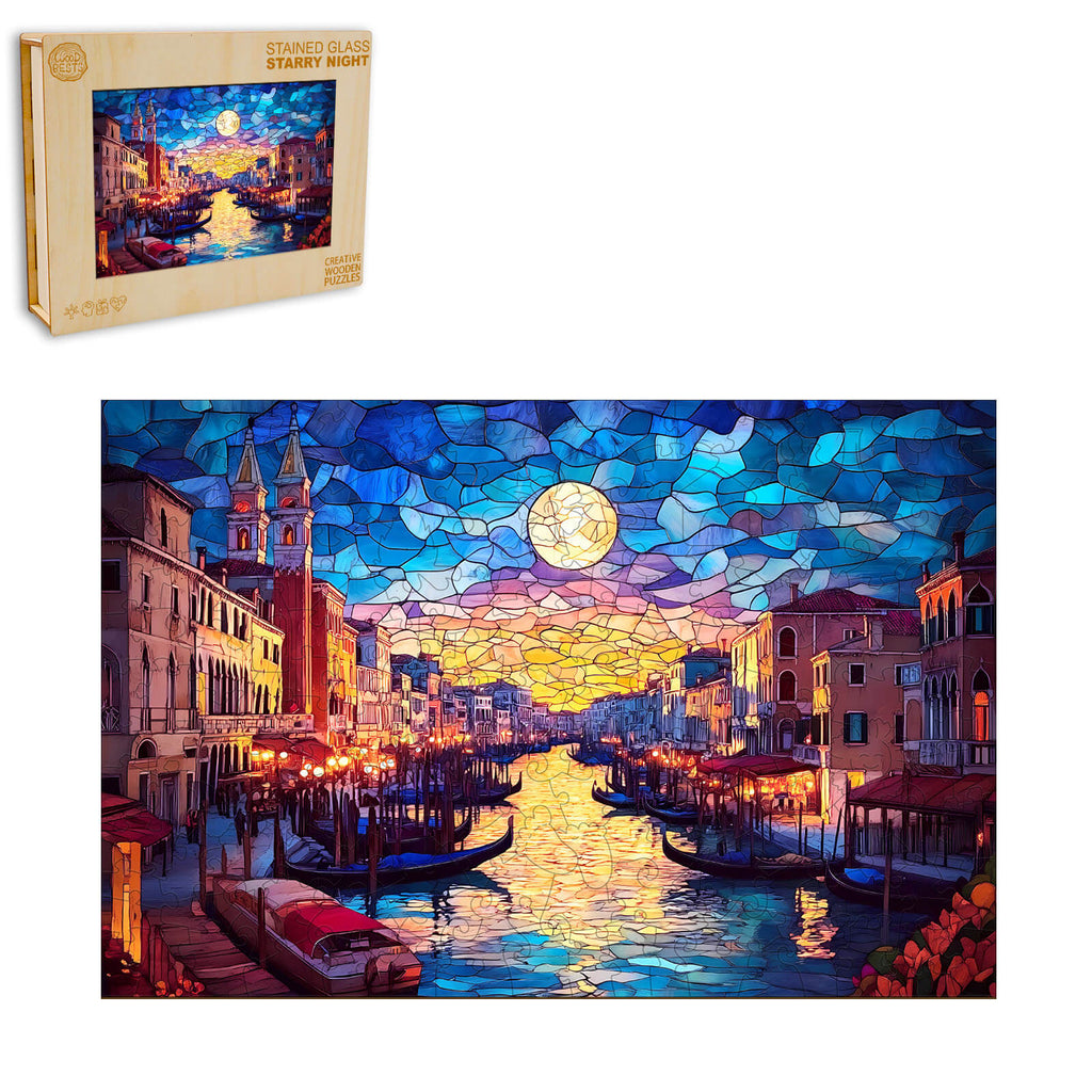 Stained Glass Starry Night Wooden Jigsaw Puzzle
