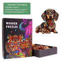 Dachshund Family wooden jigsaw puzzle packaging with vibrant art and unique pieces displayed.