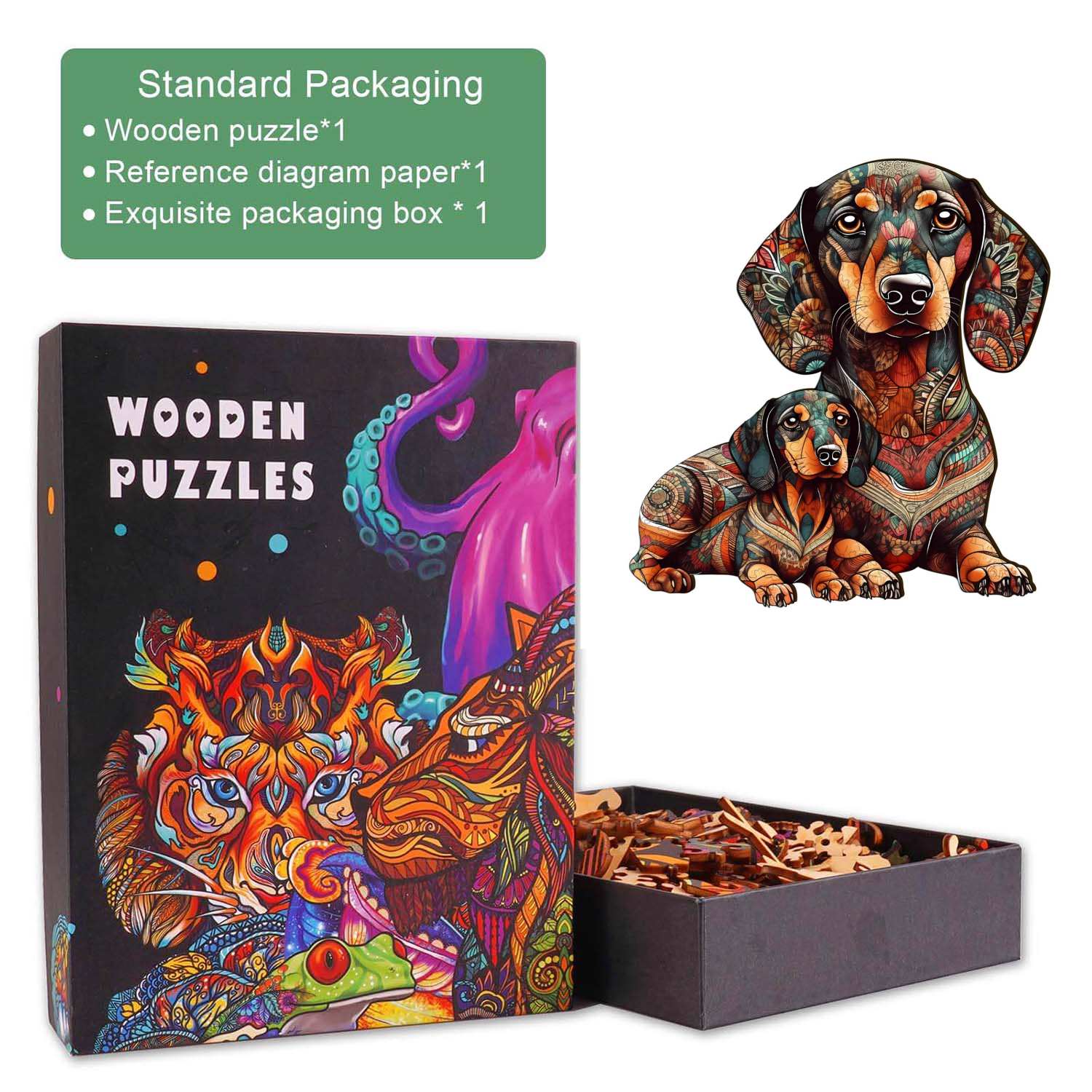 Dachshund Family wooden jigsaw puzzle packaging with vibrant art and unique pieces displayed.