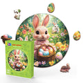 Cute Easter Bunny children's wooden jigsaw puzzle featuring a rabbit with eggs and floral background.