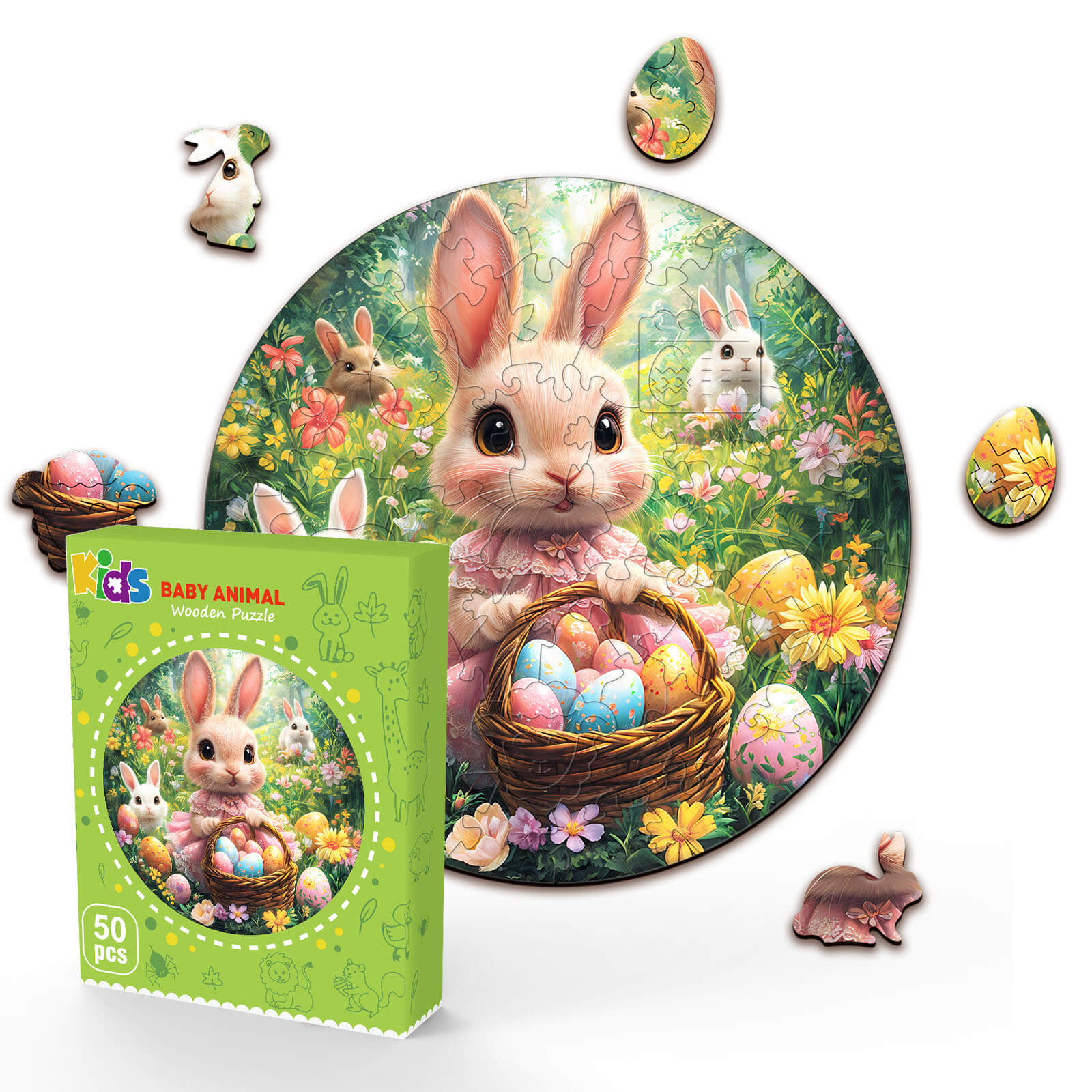 Cute Easter Bunny children's wooden jigsaw puzzle featuring a rabbit with eggs and floral background.