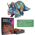 Colorful Triceratops wooden jigsaw puzzle in premium box, ideal gift for adults and children, featuring unique pieces.