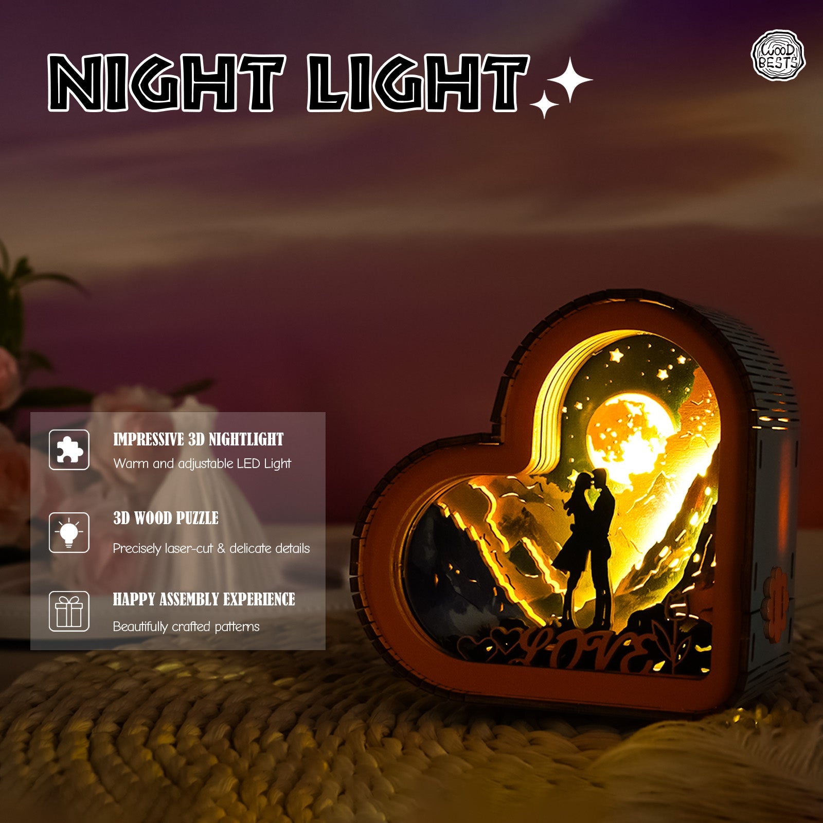 3D wooden puzzle night light in heart shape with warm LED illumination and romantic couple silhouette.