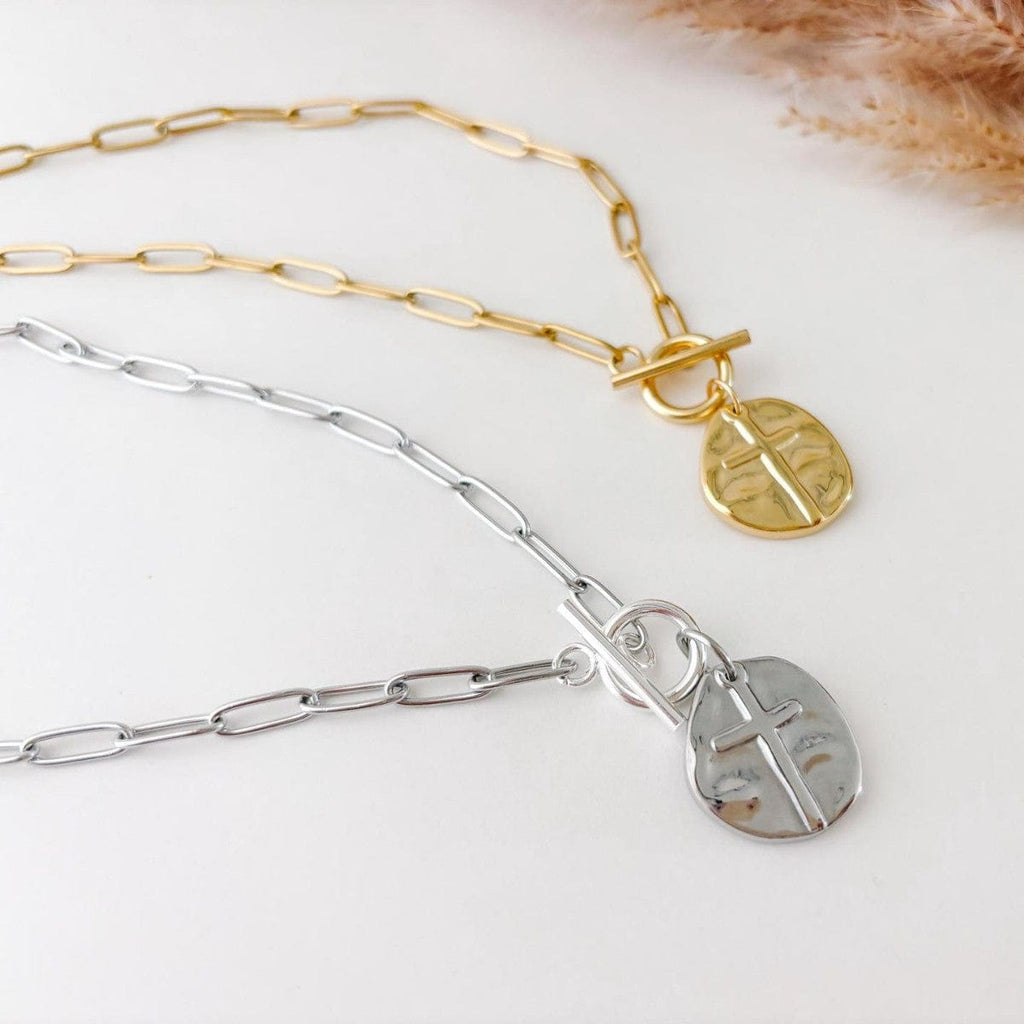 PAPERCLIP STYLE CROSS COIN NECKLACE