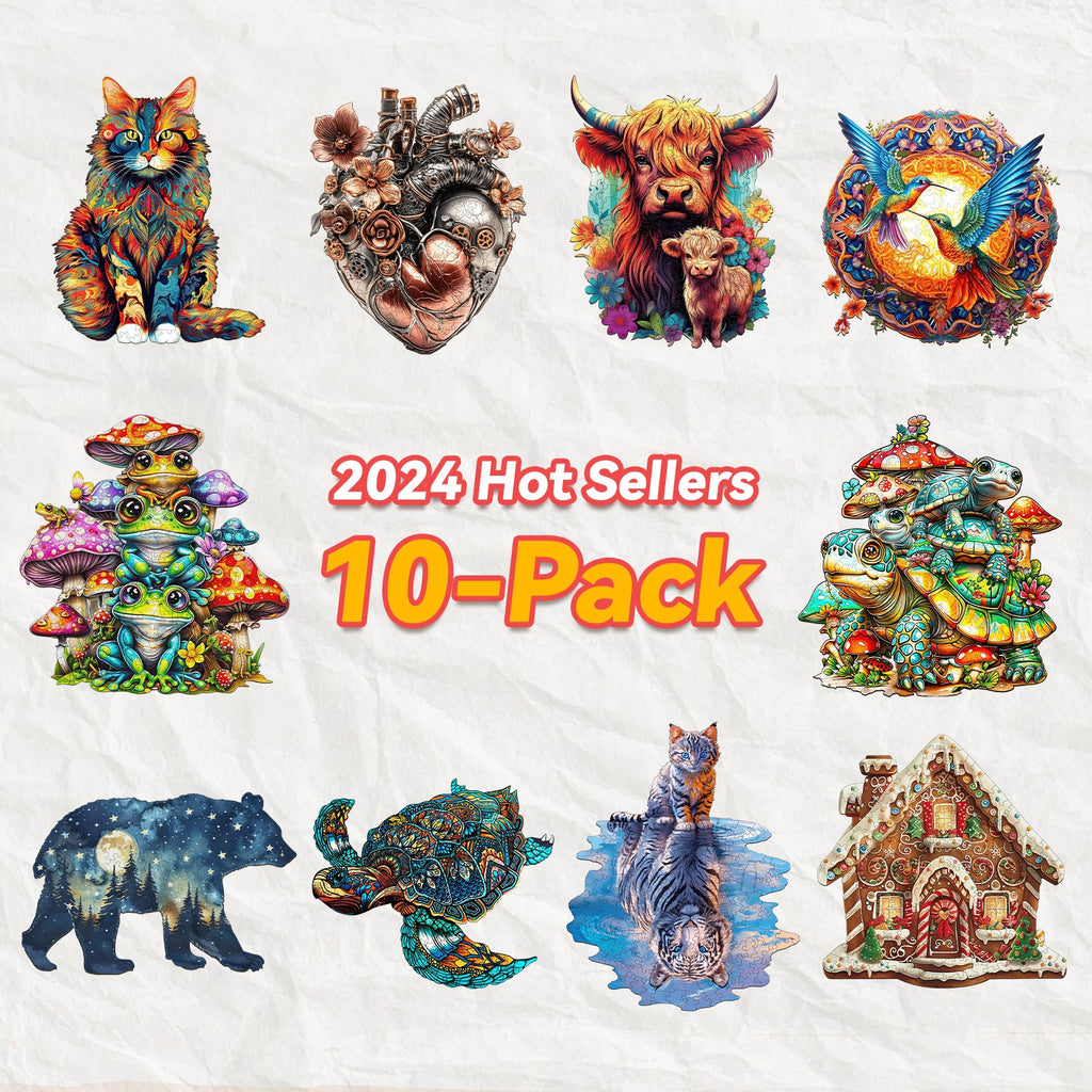 2024 Hot Sellers 10-Pack featuring colorful animal and nature designs on a textured background.