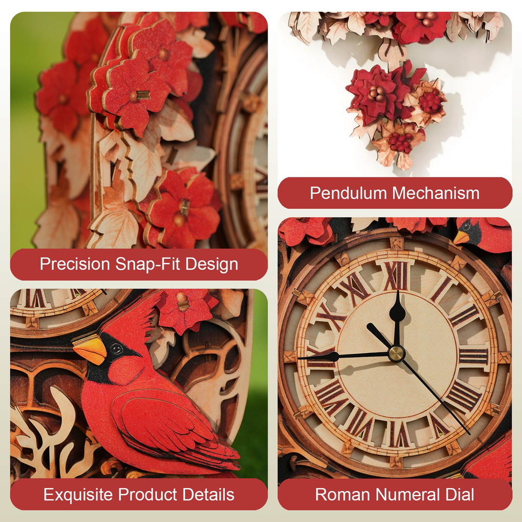 Cardinal– DIY Wooden Clock, 3D Puzzle Craft Kit