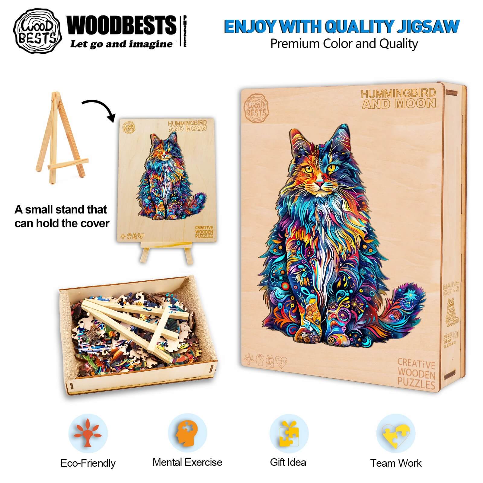 Maine Cat-3 Wooden Jigsaw Puzzle box and pieces showcasing vibrant design, eco-friendly materials for mental exercise and fun.