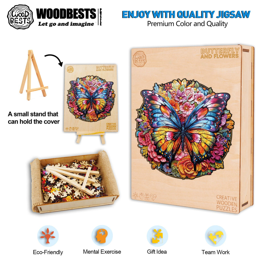 Butterfly And Flowers Wooden Jigsaw Puzzle