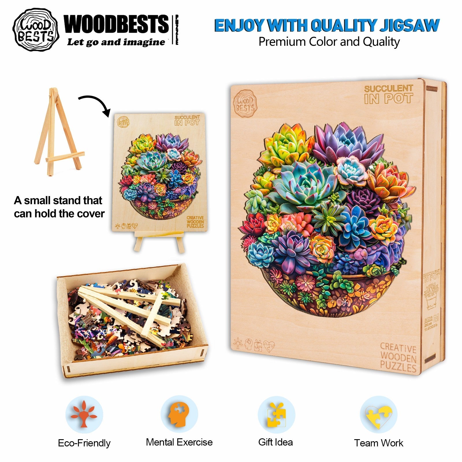 Colorful wooden jigsaw puzzle of succulents in a pot, promoting mental exercise and perfect as a gift or team activity.