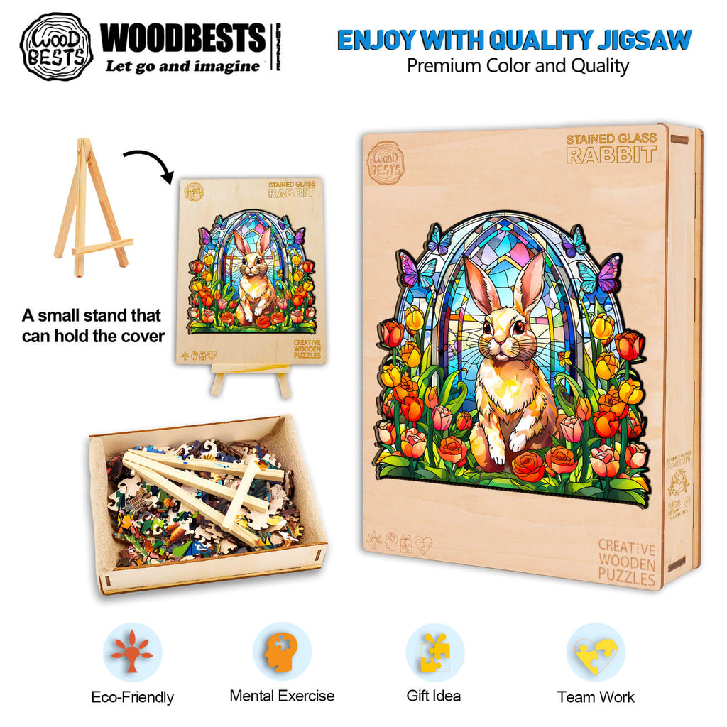 Stained Glass Rabbit wooden jigsaw puzzle with colorful design, eco-friendly materials, and mental exercise benefits.