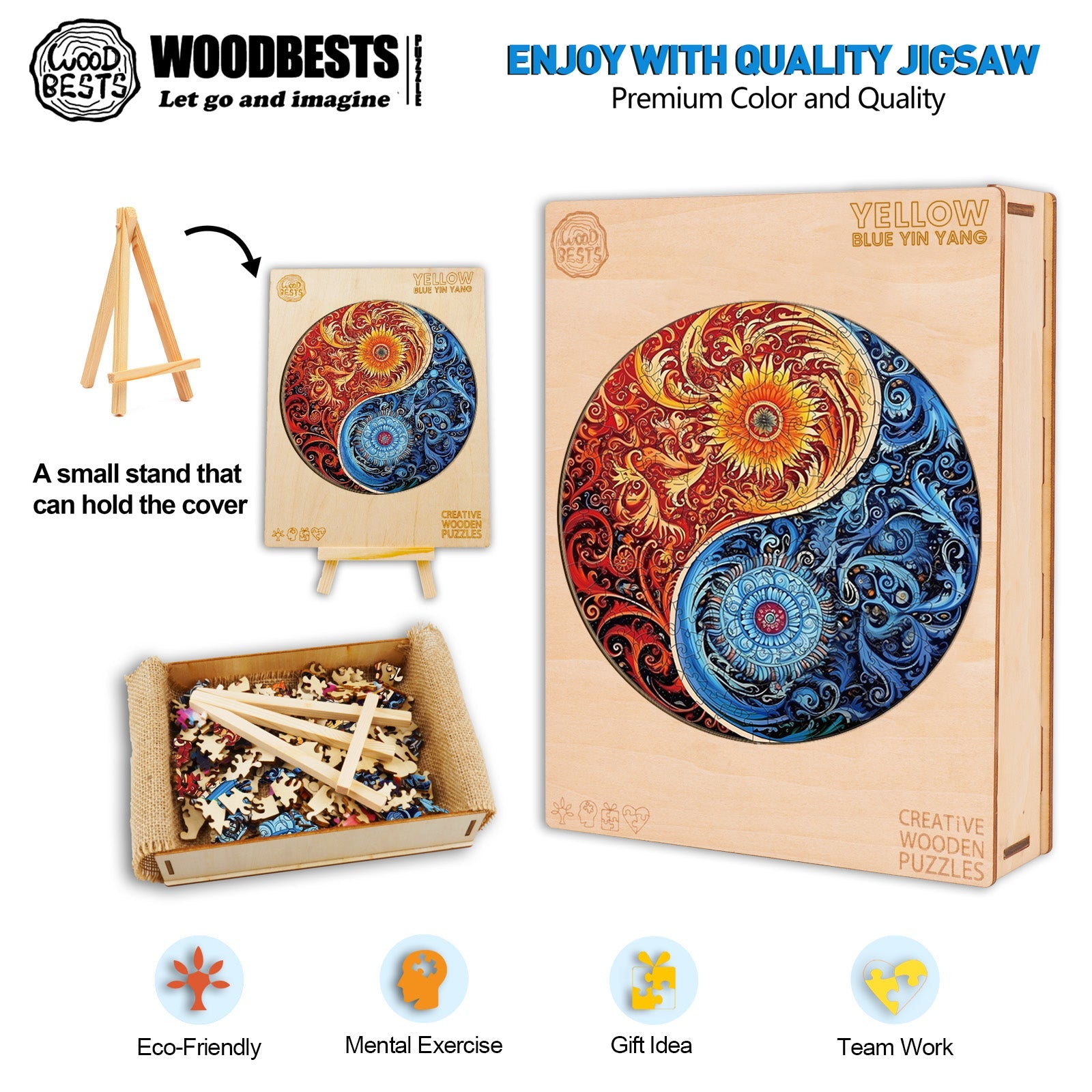 Yellow Blue Yin Yang Wooden Jigsaw Puzzle
