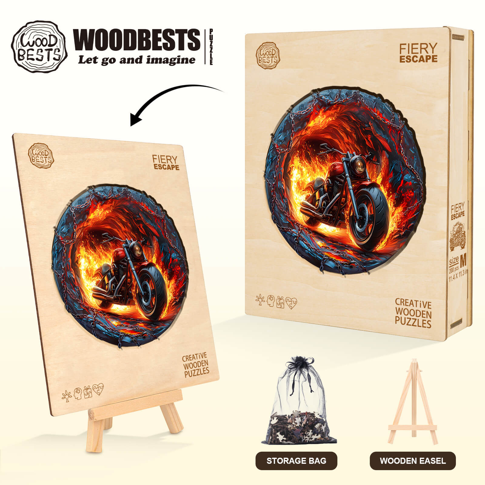 Fiery Escape wooden jigsaw puzzle box art featuring a motorcycle in flames, ideal for mind games and focus.