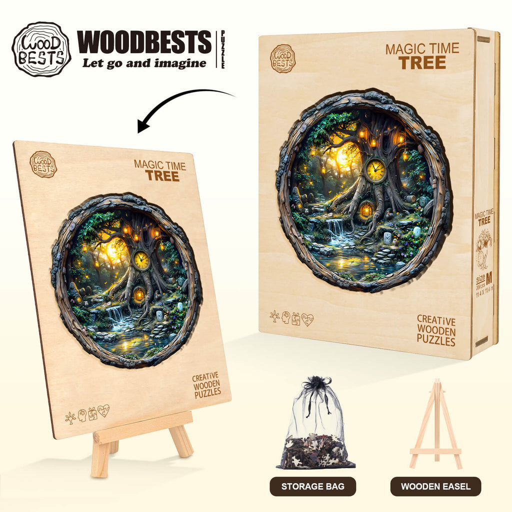 Magic Time Tree wooden jigsaw puzzle with beautifully illustrated scene and storage bag, ideal for mind games and focus.