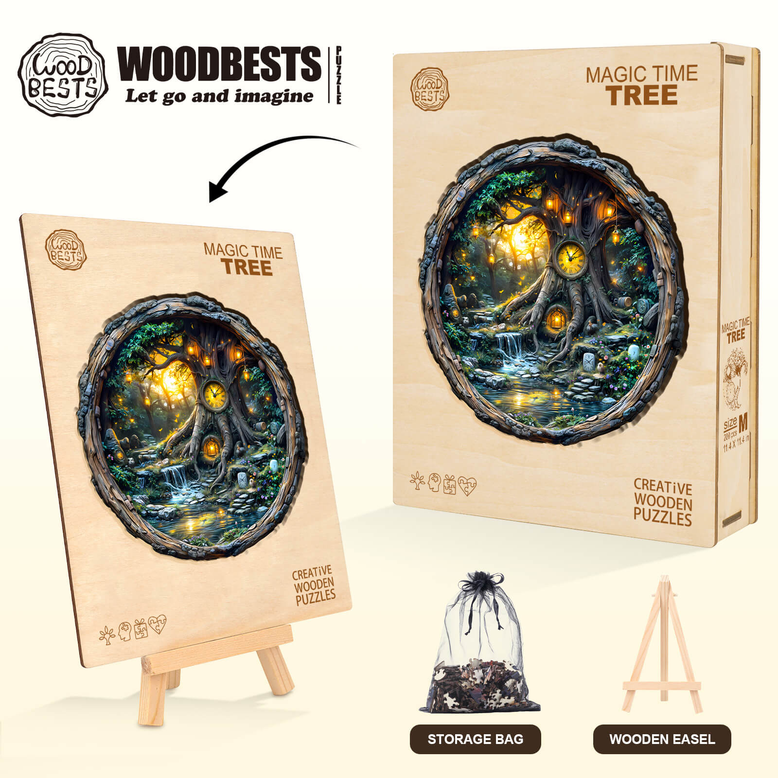 Magic Time Tree wooden jigsaw puzzle with beautifully illustrated scene and storage bag, ideal for mind games and focus.