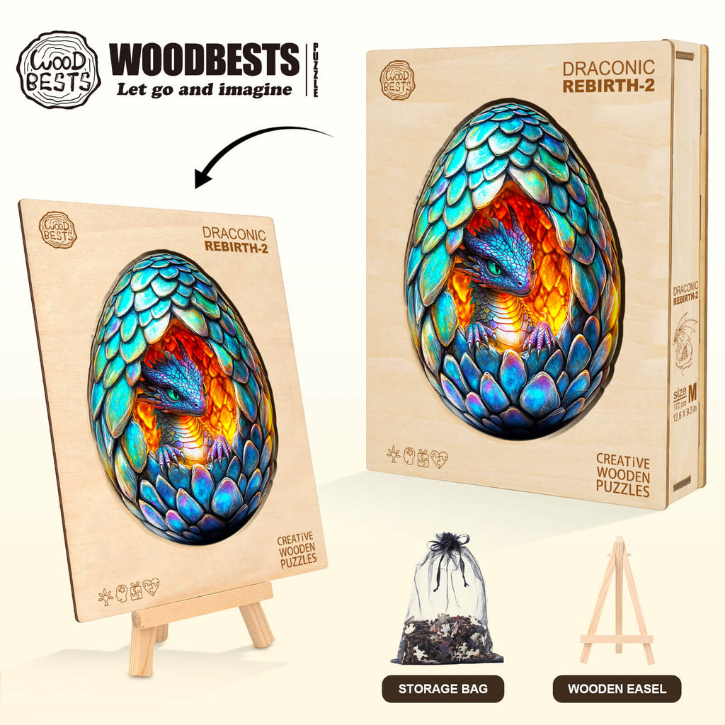 Draconic Rebirth-2 wooden jigsaw puzzle with a vibrant dragon design, promoting focus and brain training through engaging gameplay.