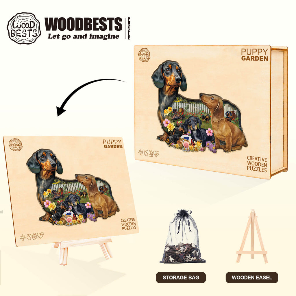 Puppy Garden Wooden Jigsaw Puzzle box with playful dogs and flowers, perfect for enhancing focus and cognitive skills.