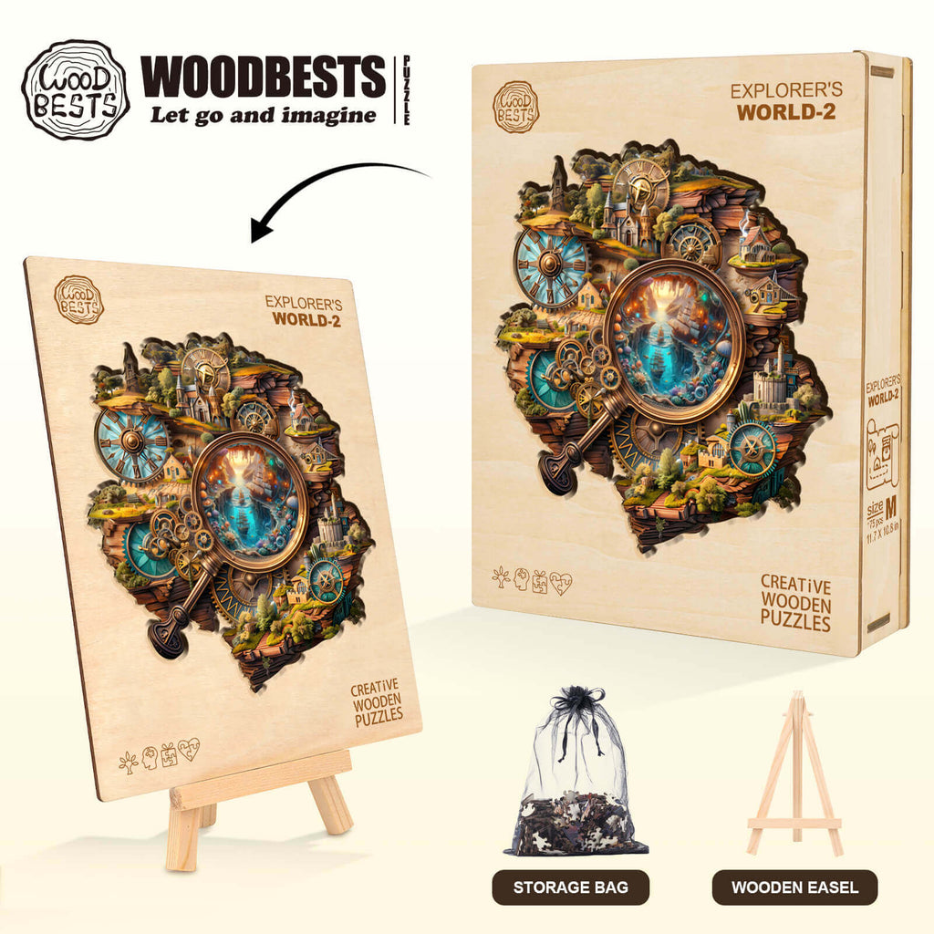 Explorer's World-2 wooden jigsaw puzzle with storage bag and easel, designed for mind games and enhancing focus.