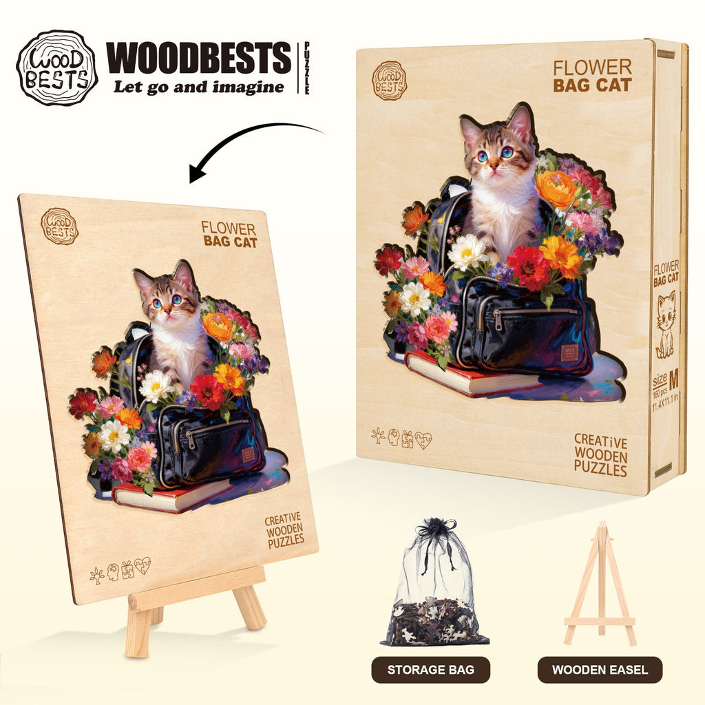 Flower Bag Cat Wooden Jigsaw Puzzle