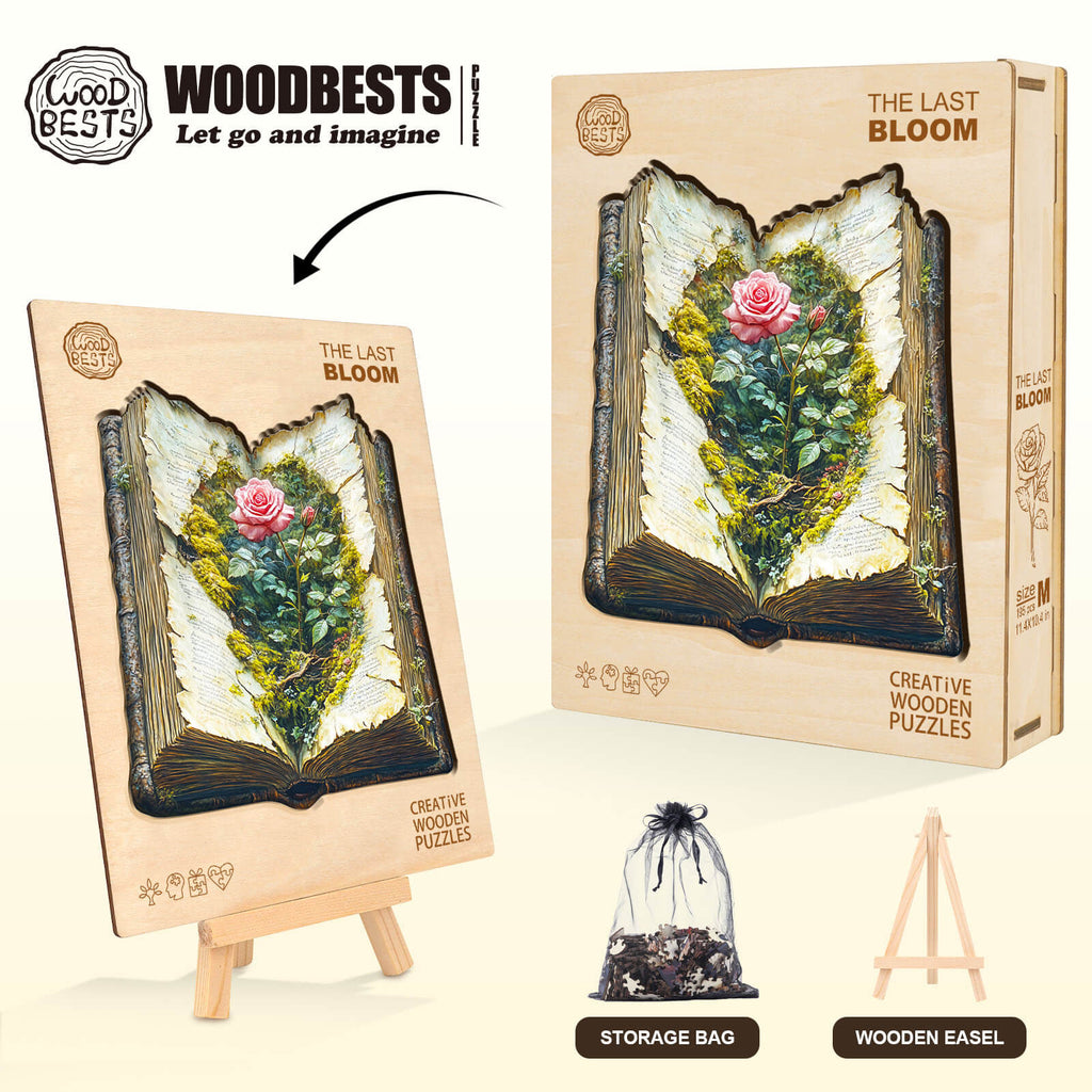 The Last Bloom wooden jigsaw puzzle featuring a floral design, displayed on an easel with a storage bag.