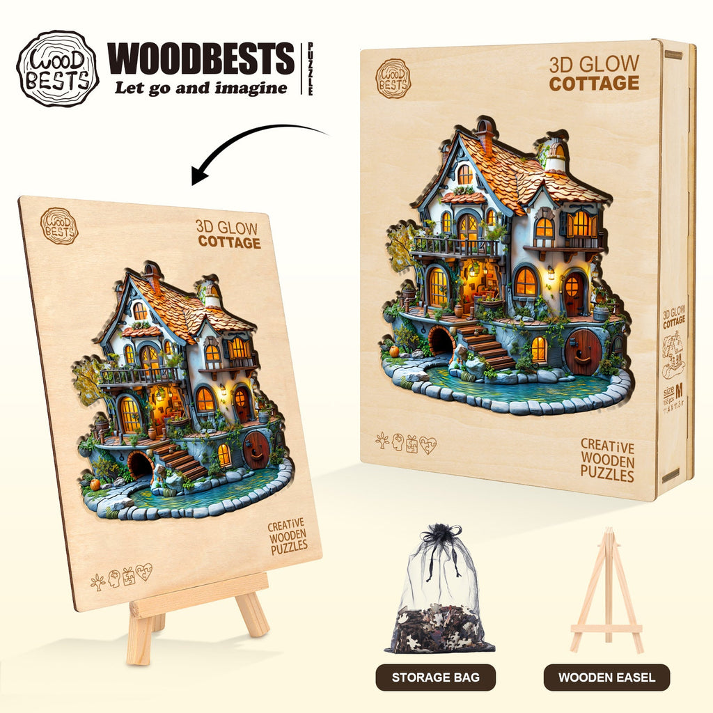 3D Glow Cottage wooden jigsaw puzzle with storage bag and easel, designed for focused puzzle solving and creativity.