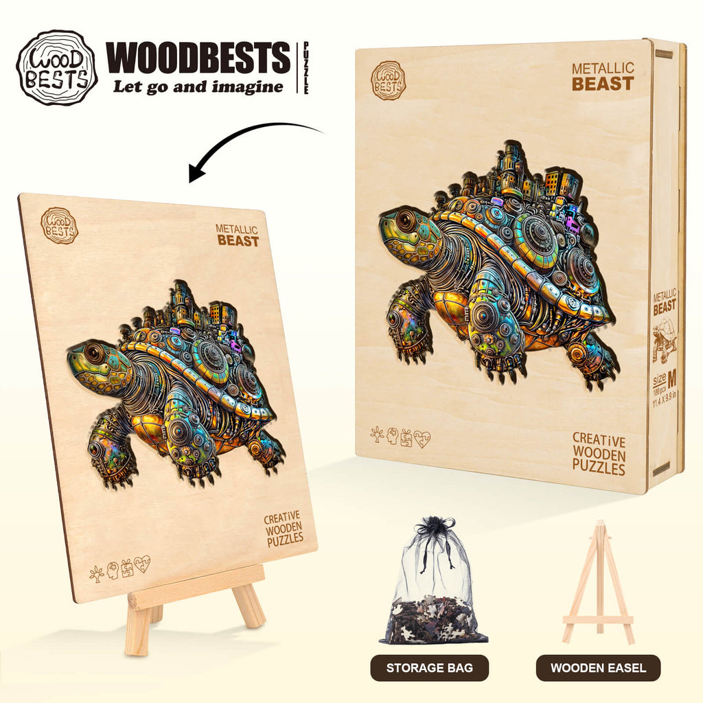 Metallic Beast Wooden Jigsaw Puzzle, featuring a colorful turtle design, perfect for enhancing focus and brain skills.