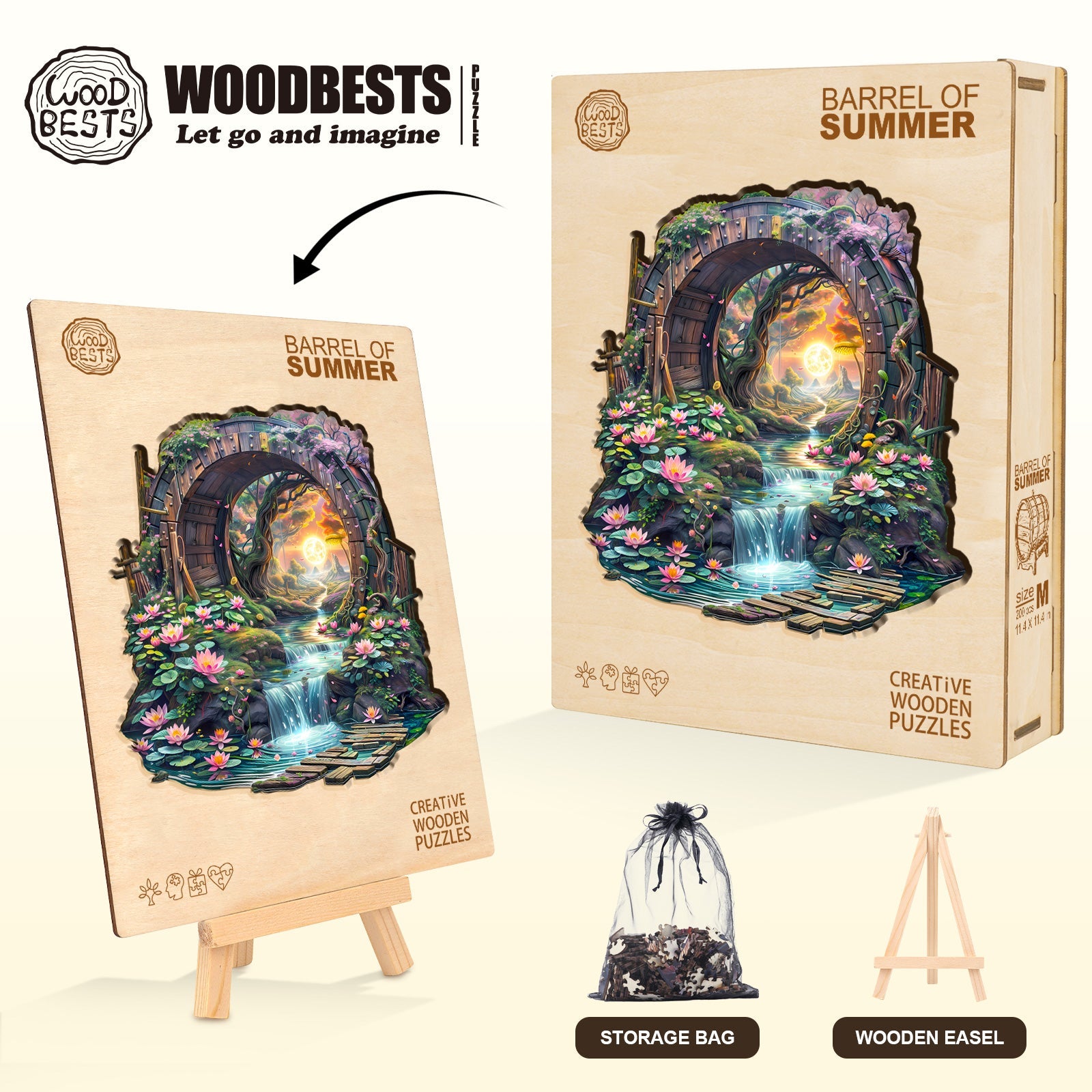 Barrel of Summer wooden jigsaw puzzle with vibrant artwork, storage bag, and easel for creative puzzle solving.