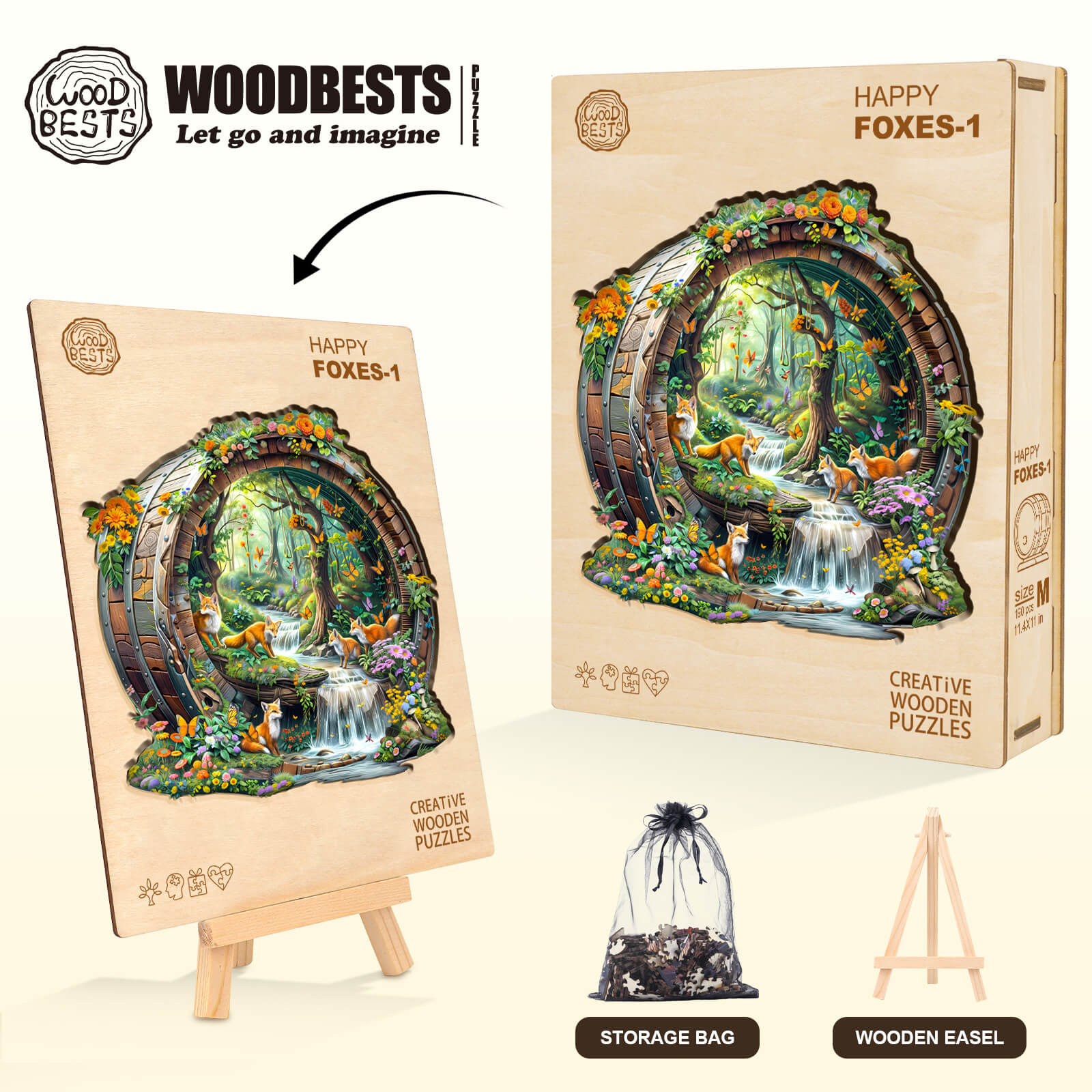 Happy foxes-1 wooden jigsaw puzzle featuring vibrant artwork, storage bag, and wooden easel for enthusiasts.