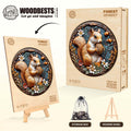 Forest Whimsy wooden jigsaw puzzle featuring a squirrel design, includes storage bag and wooden easel for display.