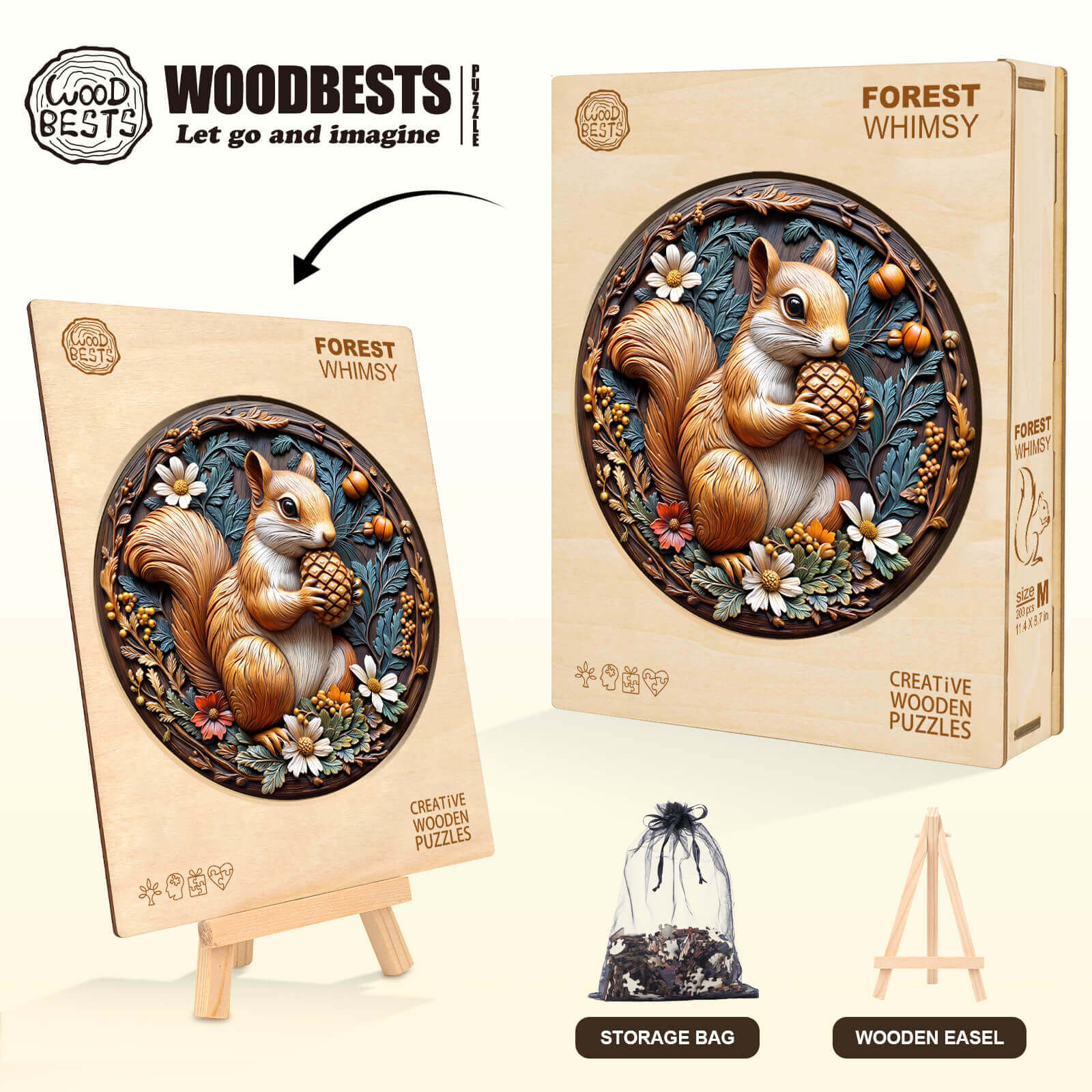 Forest Whimsy wooden jigsaw puzzle featuring a squirrel design, includes storage bag and wooden easel for display.