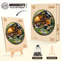 3D Mossy Library wooden jigsaw puzzle displayed with storage bag and easel, perfect for creative minds and puzzle enthusiasts.