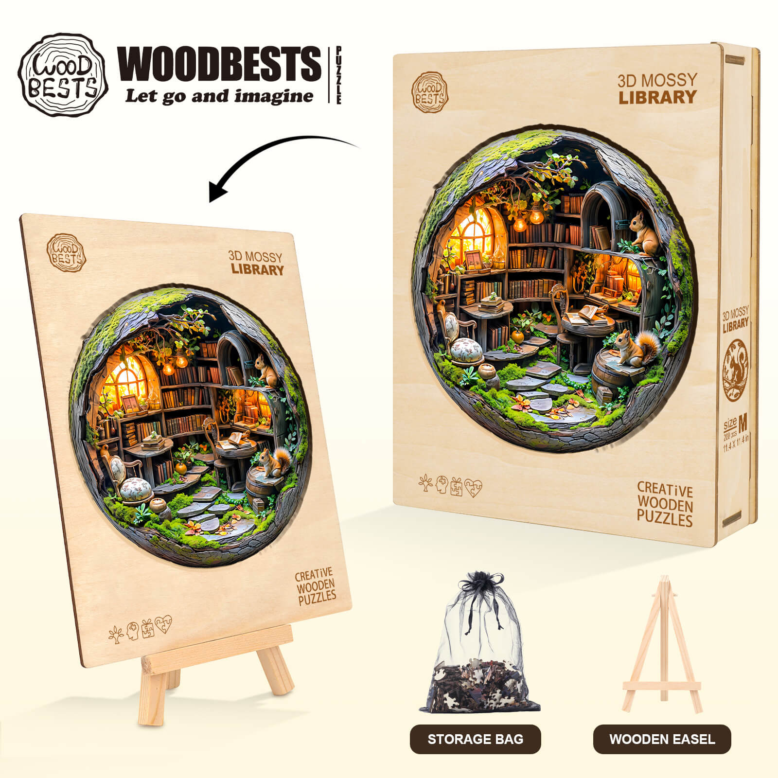 3D Mossy Library wooden jigsaw puzzle displayed with storage bag and easel, perfect for creative minds and puzzle enthusiasts.