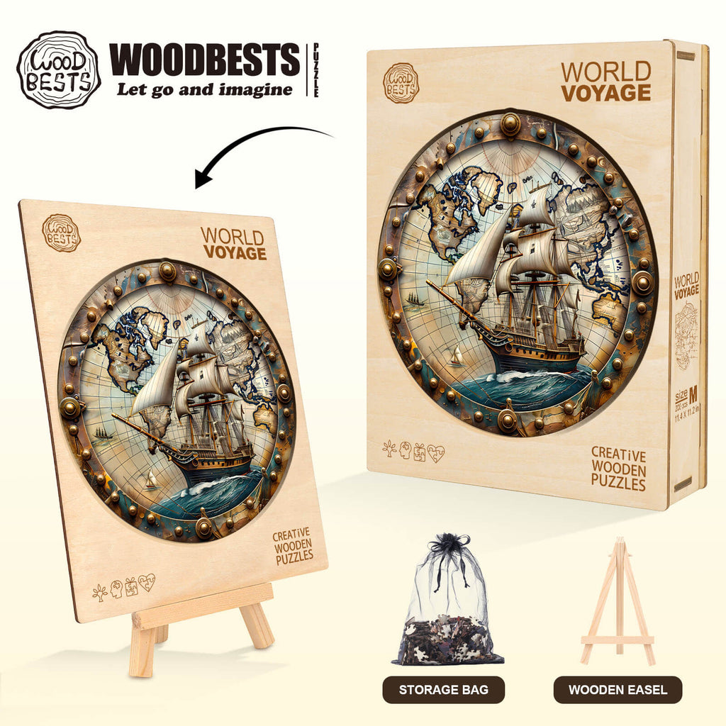 World Voyage Wooden Jigsaw Puzzle with a ship design, showcasing creativity and adventure in puzzle-solving.